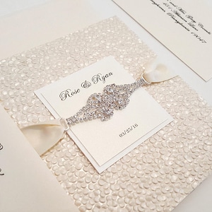Luxury Pebbles Pocketfold Wedding Invitation in Ivory with Rhinestone Connector / Gorgeous Real Folded Card w Pocket /Bilingual / USA Made