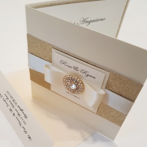 Ivory and Gold Folded Glitter Wedding Invitation. High quality Rhinestone Jewel Invitation. Glamorous Bling Gold Wedding Card. USA Made