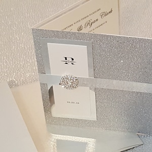 The New York Silver and White Wedding Invitation – Jewel Pocketfold Suite with Satin Ribbon & RSVP Card - USA Made - Ships Worldwide