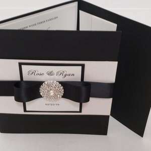 Black & White Glitter Trifold Pocketfold Wedding Invitation Suite – 3 Inserts, Printed Envelopes, Physical Sample Available - USA Made
