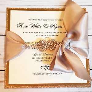 Luxury Rose Gold Wedding Invitation with Rhinestone Band & Statement Bow | Custom Handcrafted Cards | USA Made