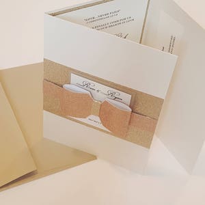 Rose Gold Double Pocket Wedding Card | Gold Shimmery Trifold Pocketfold Invitation with Printed Envelopes and 2 Inserts l USA Made