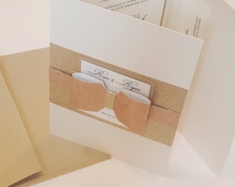 Rose Gold Double Pocket Wedding Card | Gold Shimmery Trifold Pocketfold Invitation with Printed Envelopes and 2 Inserts l Free Shipping
