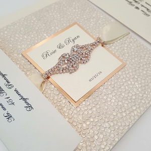 Luxury Embossed Pocketfold Wedding Invitation in Ivory /Gold Mirror with Rhinestone Connector / Printed Folded Card /Bilingual / USA Made