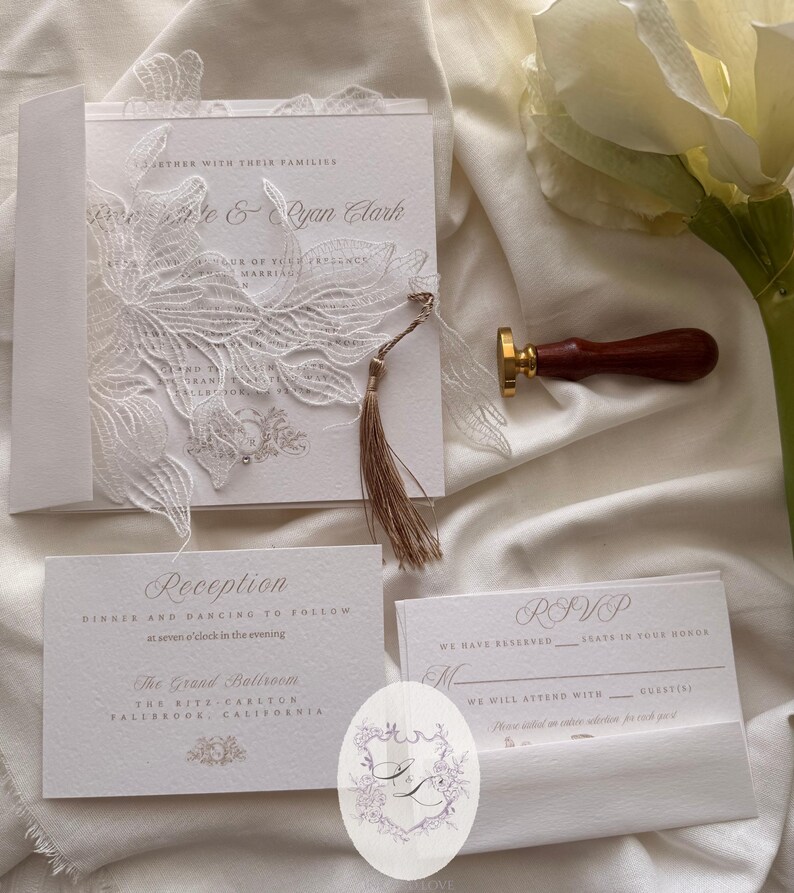 Conjunto de invitaciones de boda de encaje veneciano / Invitación de boda romántica de encaje / Invitación elegante vintage con apliques imagen 17