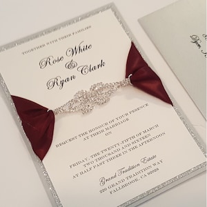 Luxury Silver and Burgundy  Wedding Invitation Suite with Statement Rhinestone Embellishment l Custom Ribbon | Bilingual l USA Made