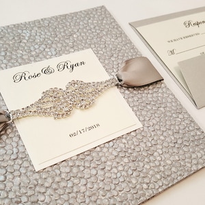 Luxury Pebbles Pocketfold Wedding Invitation in Silver with Rhinestone Connector l Printed Folded Card w Pocket /Bilingual / USA Made