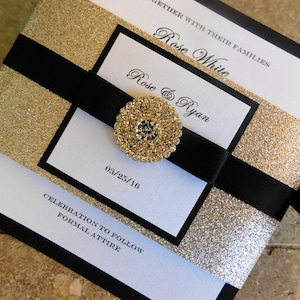 Gold and Black Glamorous Bling Wedding Invitation l Sparkling Jewel Monogram | Elegant Formal Invite l USA Made