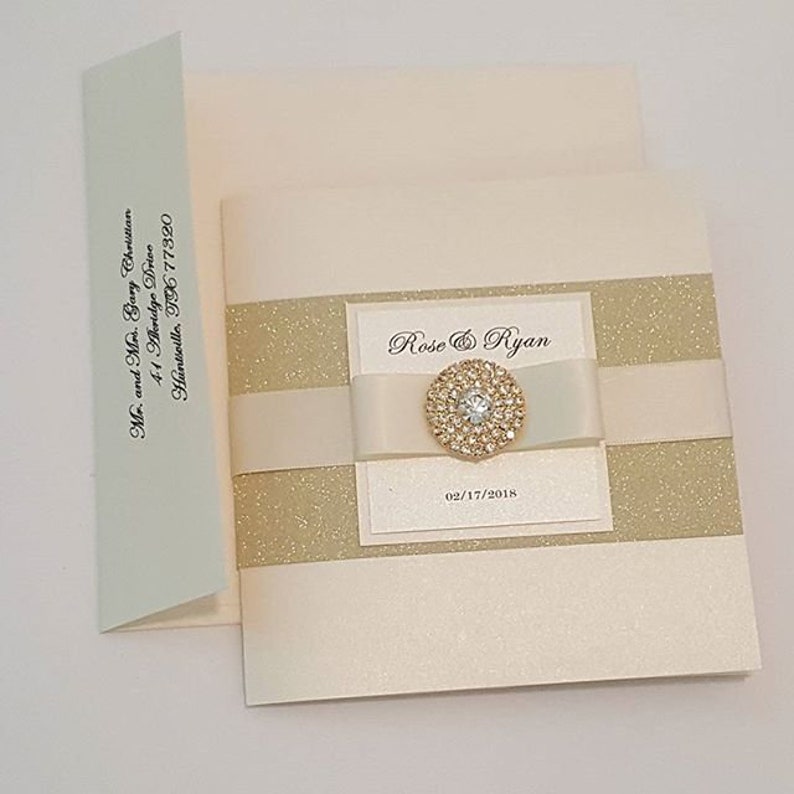 Ivory l Gold Glitter Trifold Pocketfold Wedding Invitation Suite