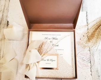 Boho Pampas Boxed Wedding Invitation • Ivory & Rose Gold Embossed Card • Chiffon Ribbon • Dried Grass • Elegant Earthy Invite. Ships Free