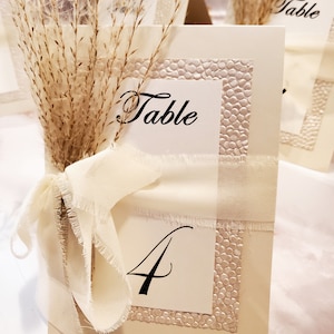 Boho Pampas Grass Table Numbers with Embossed Paper & Ivory Organza Bow | Rustic Wedding Decor