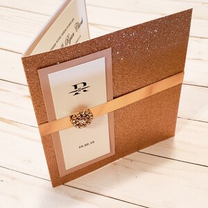 The New York Rose Gold and White Wedding Invitation – Jewel Pocketfold Suite with Satin Ribbon & RSVP Card - USA Made - Ships Worldwide