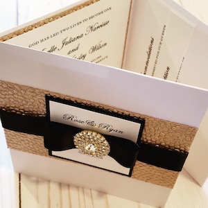 Luxury Ivory, Black and Gold Pocketfold Wedding Invitation | Tri-Fold Suite with 3 Inserts and Printed Envelopes  |  USA Made