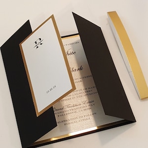 Black & Gold Mirror Wedding Invitation | 24k Look Gated Suite | Elegant Monogram | Gold Foil Luxury Card | Bilingual Option l USA Made