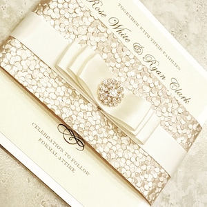 Stunning Pebbles Gold and Ivory Wedding Invitation. Champagne Wedding Card. Gold Jewel Wedding Invite. Bilingual