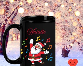 Taza navideña negra | Taza con motivo navideño | Taza de cerámica negra para café | Idea de regalo de Navidad | Regalo para mujeres y niños