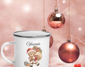 Taza navideña personalizada: taza esmaltada con nombre | Diseño de osito de peluche y regalo | Idea de regalo para Navidad, invierno y San Nicolás