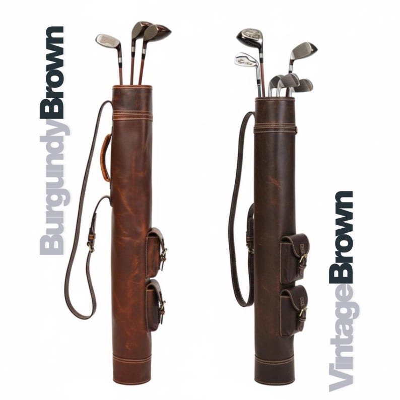 May include: Two leather golf club bags in shades of brown. The bag on the left is "Burgundy Brown" and the bag on the right is "Vintage Brown". Each bag has a shoulder strap, two pockets, and holds several golf clubs.