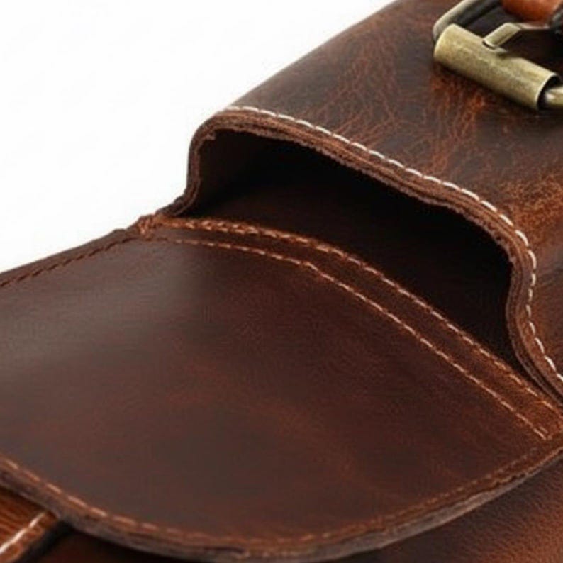 May include: Close-up of a brown leather bag with a flap and a pocket. The leather has a distressed look with visible grain and white stitching. A metal clasp is visible at the top.