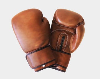 Vintage Leather Boxing Gloves, Velcro Straps, Training, Sparring (10oz-16oz)