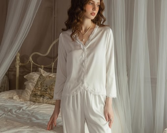 White Silk Pajama Set | Ruffle Trim Button Down Sleepwear | Vintage Bridal Getting Ready PJs | Coquette Lounge Set | Romantic Gift for Her