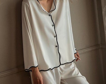Elegant White Silk Pajama Set | Vintage Contrast Piping Button-Down Sleepwear | Bridal Getting Ready PJs | Luxury Long Sleeve Loungewear