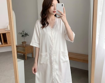 Luxury Silk Sleepshirt for Women | Blush Pink Button Down Nightgown with Pockets | Scalloped V-Neck Sleep Dress Bridal Getting Ready Outfit