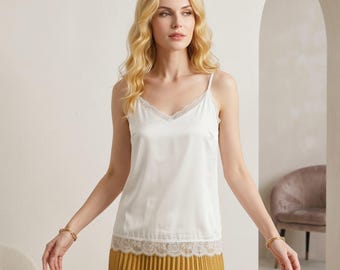 White Silk Camisole | Lace Hem V-Neck Cami Top | Silk Camisole Nightgown | Bridal Satin Slip | French Girl Style | Romantic Loungewear