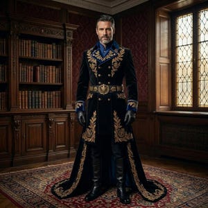 Frac de terciopelo negro para hombre con bordados dorados – Chaqueta militar gótica victoriana