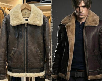 Jaqueta de couro com forro de pele de carneiro marrom, inspirada em Leon S. Kennedy de Resident Evil, para cosplay.