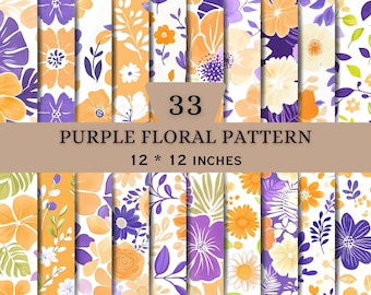 Purple Orange Floral Digital Paper Bundle | Retro Flower Patterns | Seamless Botanical Backgrounds | PNG Files