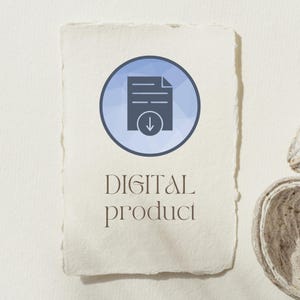 Op de afbeelding: Een digitaal productpictogram met een document en een pijl naar beneden in een blauwe cirkel. De woorden "DIGITAL product" staan eronder in een schreefletter op een getextureerde, gebroken witte achtergrond.