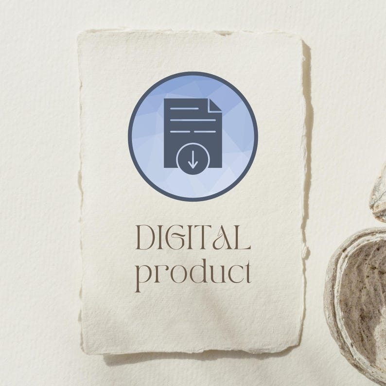 Op de afbeelding: Een digitaal productpictogram met een document en een pijl naar beneden in een blauwe cirkel. De woorden "DIGITAL product" staan eronder in een schreefletter op een getextureerde, gebroken witte achtergrond.