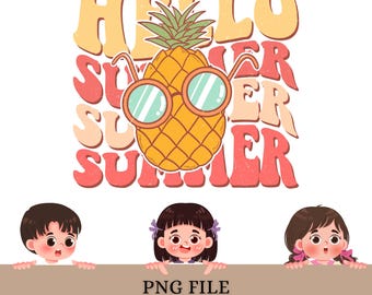 Hello Summer PNG | Pineapple Sunglasses Design | Retro Beach Graphic | Sublimation T Shirt Download