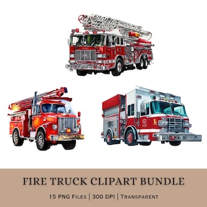 May include: A collection of three red fire trucks with varying designs. One truck has a tall ladder extended, another has a shorter ladder, and the third has a white and red cab. The image includes the text "FIRE TRUCK CLIPART BUNDLE".
