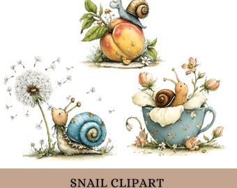 Op de afbeelding: Waterverfillustraties van grillige slakken. Een slak zit op een perzik, een andere bij een paardenbloem en een derde in een bloementheekopje. De tekst "SNAIL CLIPART" is inbegrepen.