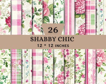 Shabby Chic Digital Paper Bundle | Pink Roses Hydrangeas Plaid Stripe Floral Backgrounds | JPG Files