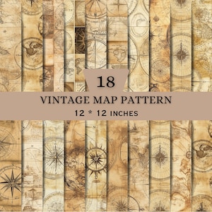 May include: A collection of 18 vintage map patterns featuring aged parchment textures, intricate compass roses, and navigational lines. The digital paper set includes 18 designs, each measuring 12 by 12 inches, with sepia-toned cartographic details.