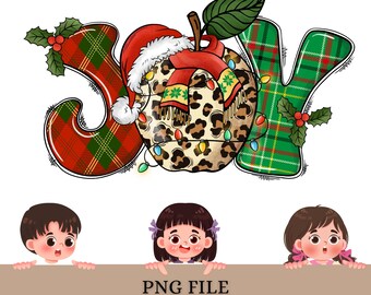 Joy Christmas PNG | Leopard Apple Santa Hat Design | Plaid Holiday Sublimation Shirt File