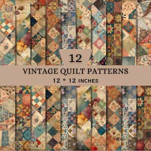 May include: A collection of 12 vintage quilt patterns featuring diverse patchwork designs in muted tones of blue, red, yellow, and green. Each square pattern measures 12 by 12 inches, displaying intricate floral, geometric, and plaid fabric motifs.