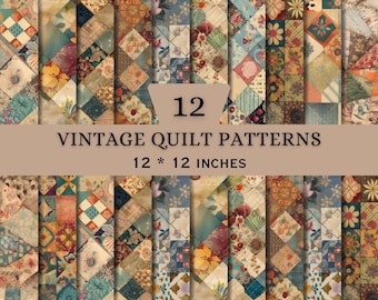 Op de afbeelding: Een collectie van 12 vintage quiltpatronen met diverse patchworkontwerpen in gedempte tinten blauw, rood, geel en groen. Elk vierkant patroon meet 30,48 bij 30,48 cm en toont ingewikkelde bloemmotieven, geometrische vormen en ruitpatronen.