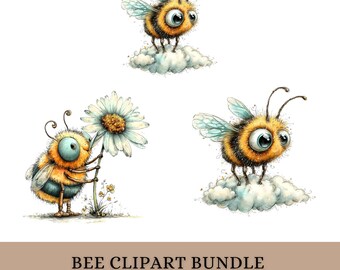 Op de afbeelding: Een digitale kunstbundel met drie cartoonbijen. Eén bij houdt een madeliefje vast, een andere staat op een wolk en de derde is in de lucht. De bijen zijn geel en zwart met grote ogen. De tekst "BEE CLIPART BUNDLE" staat onderaan.