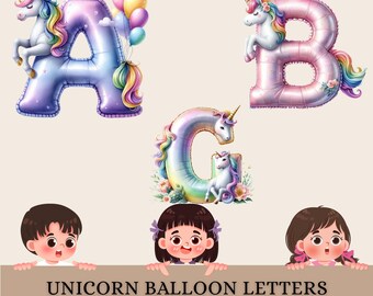 Unicorn Balloon Alphabet PNG A–Z | Fantasy Pastel Letter Clipart for Kids & Party Decor