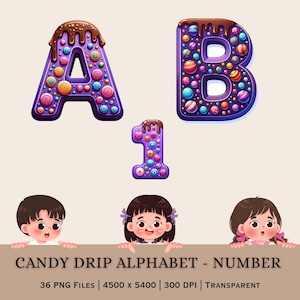 Puede incluir: Ilustración caprichosa de las letras A y B, y el número 1, con un efecto de goteo de caramelo. Las letras y el número son morados, adornados con caramelos coloridos y cubiertos de chocolate. También incluye el texto "CANDY DRIP ALPHABET - NUMBER".