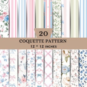 May include: A collection of 20 digital paper designs featuring patterns of pink and blue bows, floral arrangements, and vertical stripes. The text 20 COQUETTE PATTERN 12 * 12 INCHES is centered on a tan banner overlaying the various pattern samples.