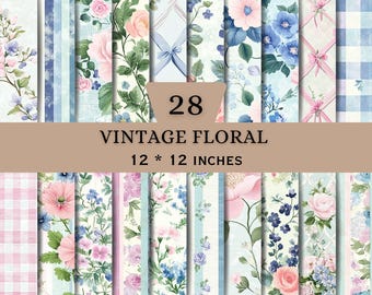 Shabby Chic Digital Paper Bundle | Vintage Floral Patterns | Pink Blue Stripes Plaid Backgrounds PNG