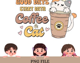 Retro Coffee Cat PNG | Kitty Sublimation Graphic (Digital Download)