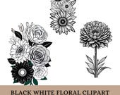Black White Floral Clipart PNG Bundle | Botanical Line Art Flowers | Vintage Illustration Set Download