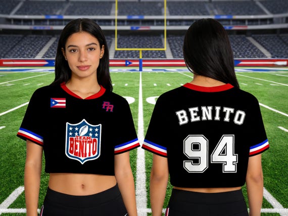 Personalized Benito Crop Top Mesh Football Jersey, Puerto Rico Flag Crop Top Football Jersey Shirt,Gift for Unisex,Game Day Outfit Gift Idea