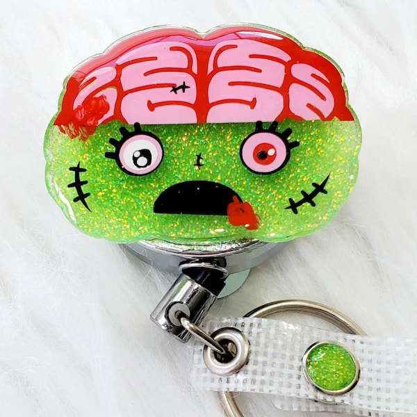 Cute Zombie BRAIN badge Reel Neuro Surgery HALLOWEEN ID. Brain bookmark. Funny lanyards. Dr gifts. Eeg tech id holder. Handmade acrylic reel